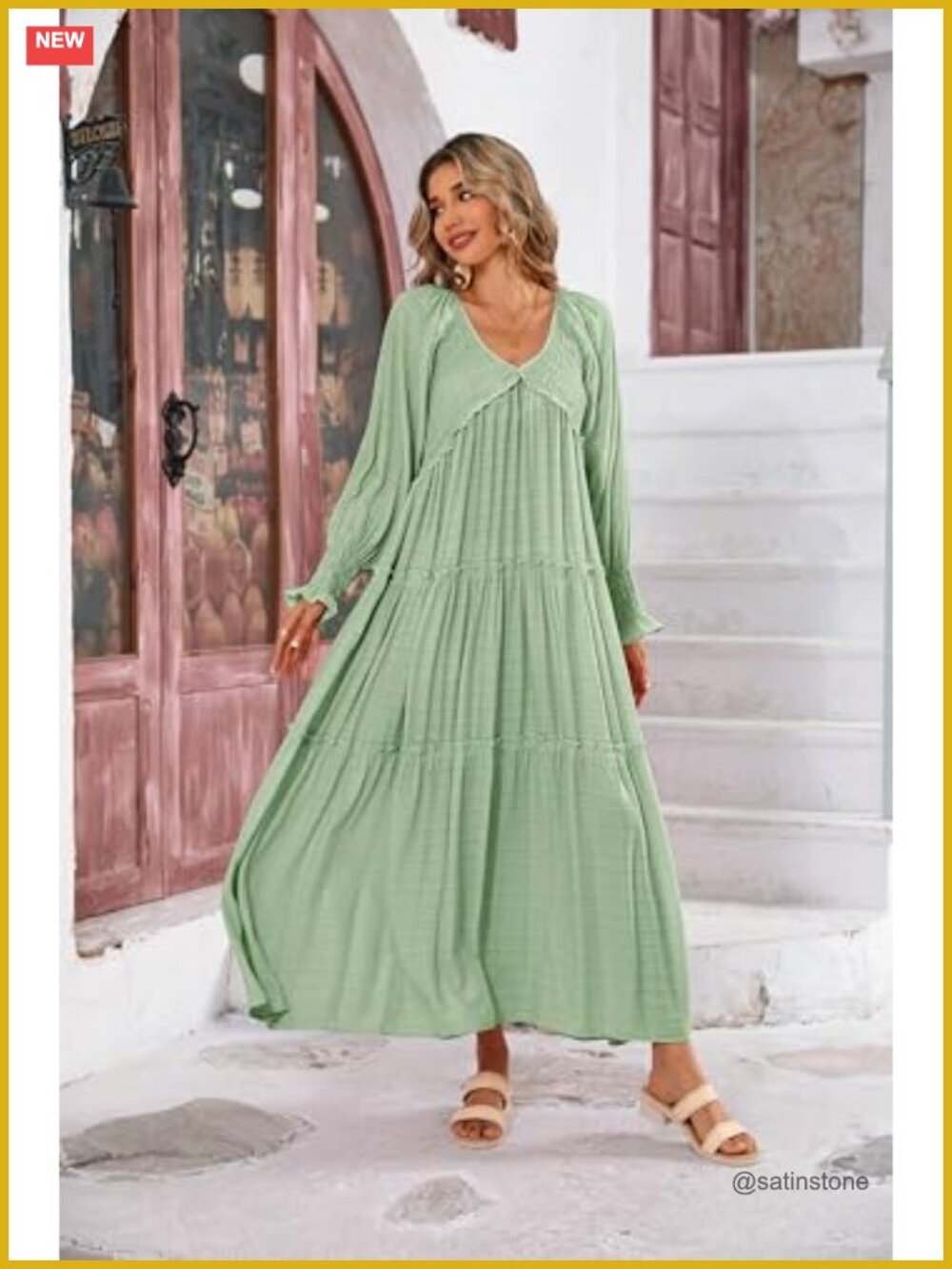 Flowy Maxi Dress Long Sleeve V Neck Empire Waist Ruffle Boho Casual - Picture 4 of 7